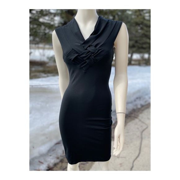 90s Lagenes Black Bodycon Wiggle Dress Sz 14 Crisscross Sleeveless Party Bandage - Picture 2 of 12
